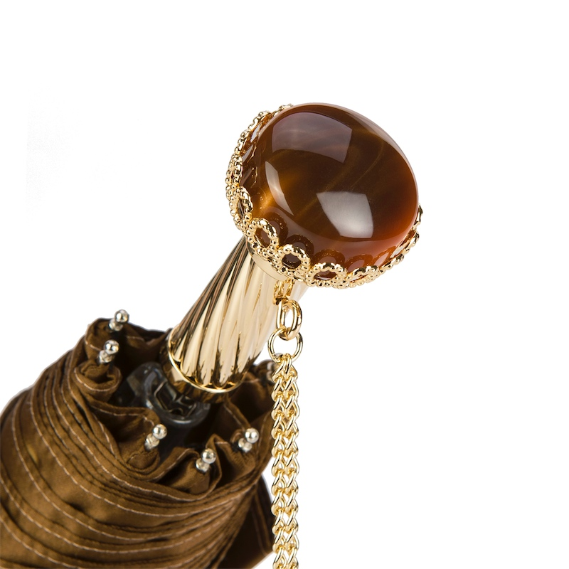 Beige Folding Umbrella – Handmade Italian Folding Rain Umbrella with Jeweled Brass Handle