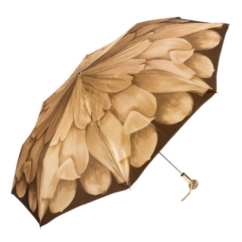 Beige Folding Umbrella – Handmade Italian Folding Rain Umbrella with Jeweled Brass Handle