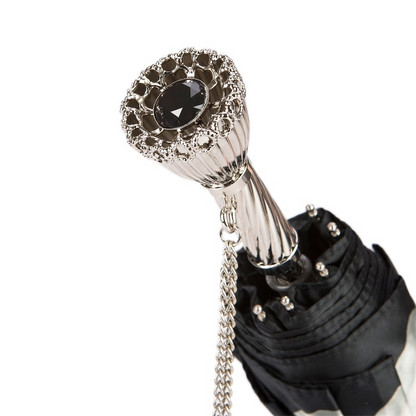 Silver Folding Umbrella – Designer Handmade Italian Floral Canopy With Brass Handle