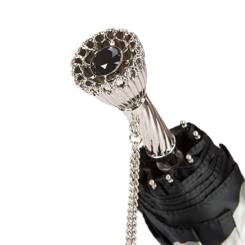 Silver Folding Umbrella – Designer Handmade Italian Floral Canopy With Brass Handle