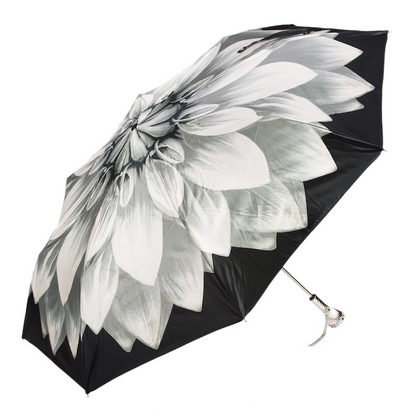 Silver Folding Umbrella – Designer Handmade Italian Floral Canopy With Brass Handle