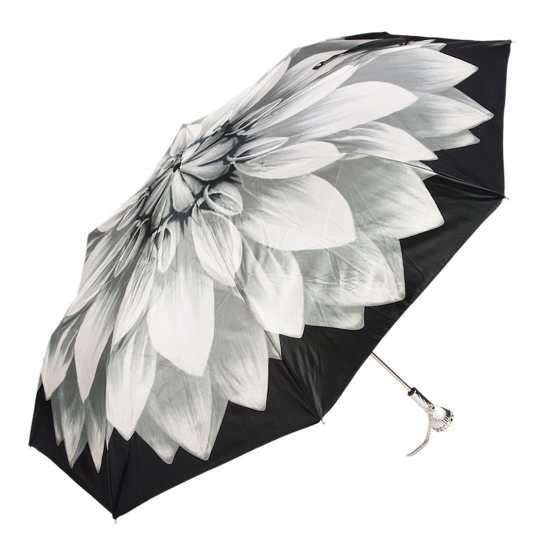 Silver Folding Umbrella – Designer Handmade Italian Floral Canopy With Brass Handle