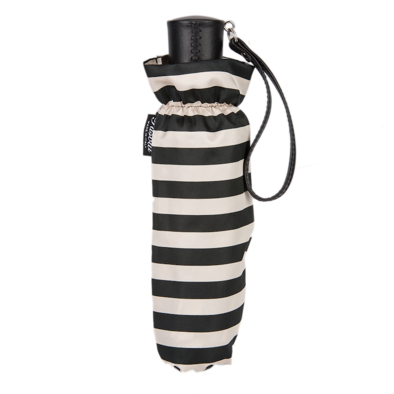 Folding Umbrella – Handmade Italian Leather Handle, Striped Compact Rain Shield