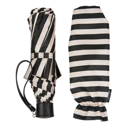 Folding Umbrella – Handmade Italian Leather Handle, Striped Compact Rain Shield
