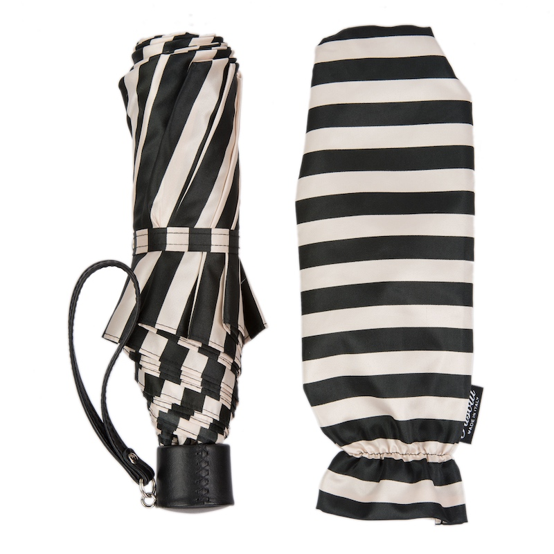 Folding Umbrella – Handmade Italian Leather Handle, Striped Compact Rain Shield