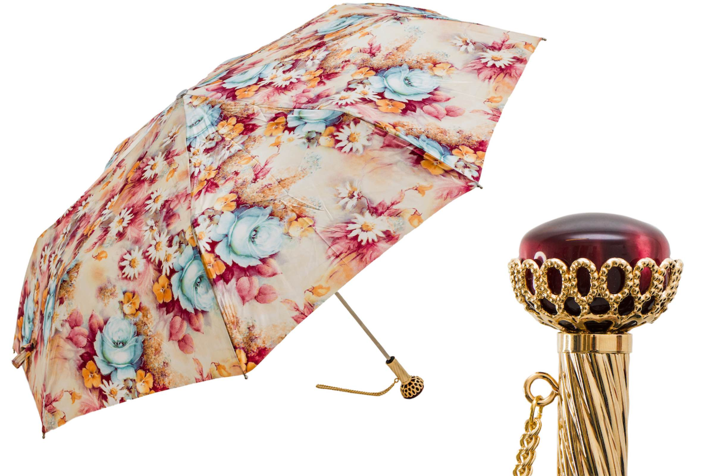 Luxury Floral Umbrella – Handmade Italian Folding Rain Umbrella with Jeweled Handle