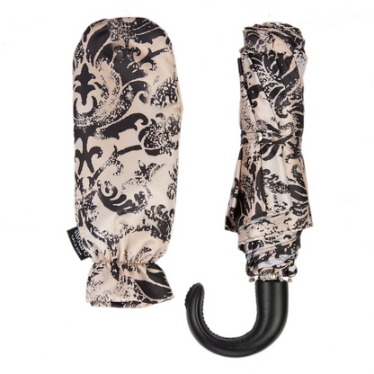 Black Folding Umbrella – Handmade Italian Two-Tone Canopy With Leather Handle