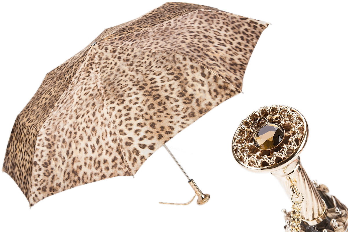 Luxury Folding Umbrella – Chic Leopard Print, Jeweled Brass Handle, Italian Handmade