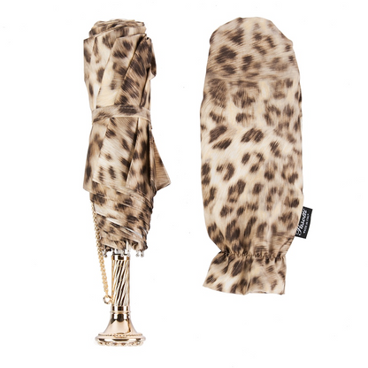 Luxury Folding Umbrella – Chic Leopard Print, Jeweled Brass Handle, Italian Handmade