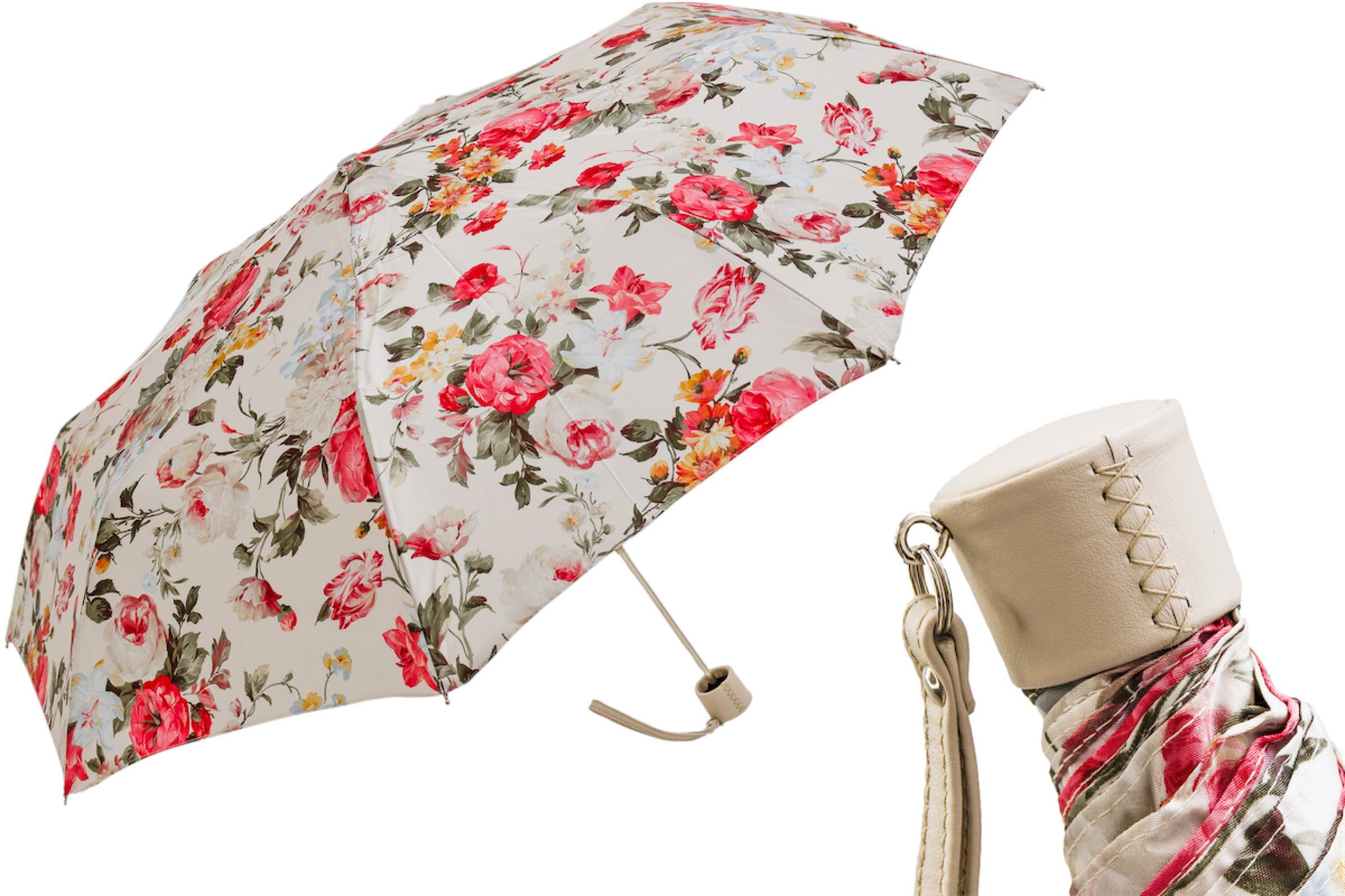 Floral Folding Umbrella – Luxury Handmade Italian Compact Rain Shield With Leather Handle