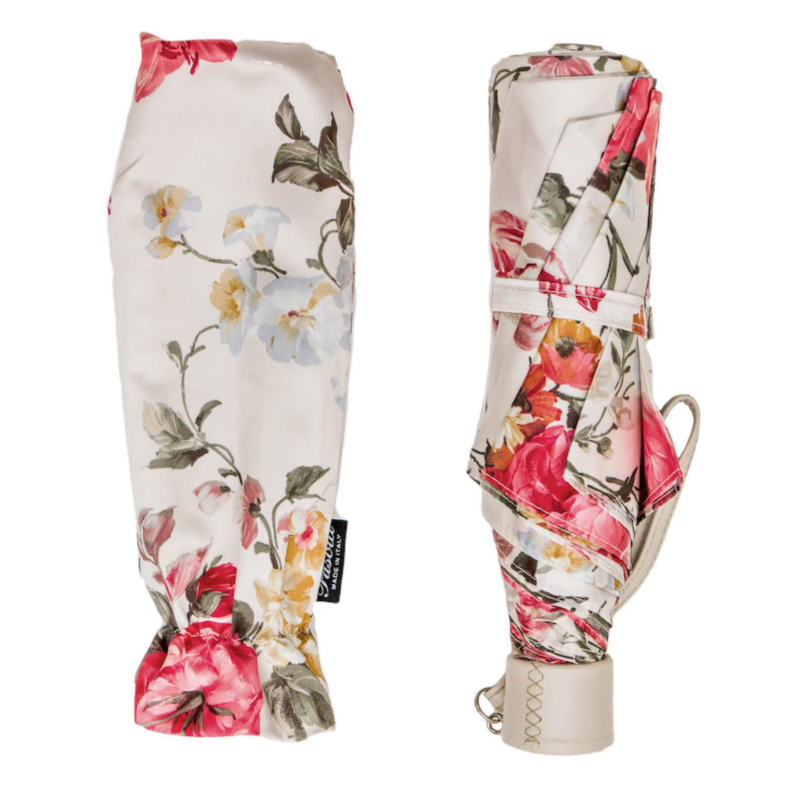 Floral Folding Umbrella – Luxury Handmade Italian Compact Rain Shield With Leather Handle