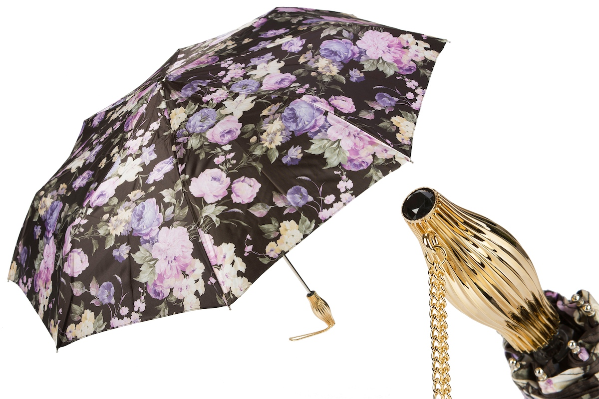 Dark Flowered Folding Umbrella – Luxury Italian Handmade Rain Gear With Brass Handle