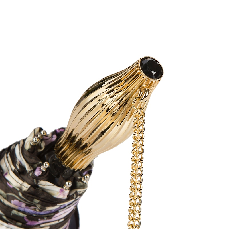Dark Flowered Folding Umbrella – Luxury Italian Handmade Rain Gear With Brass Handle