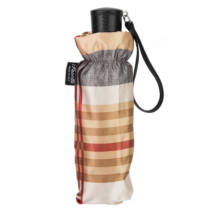 Women's Folding Umbrella – Classic Striped Design | Italian Handmade, Leather Handle