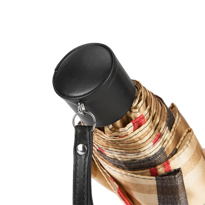 Women's Folding Umbrella – Classic Striped Design | Italian Handmade, Leather Handle