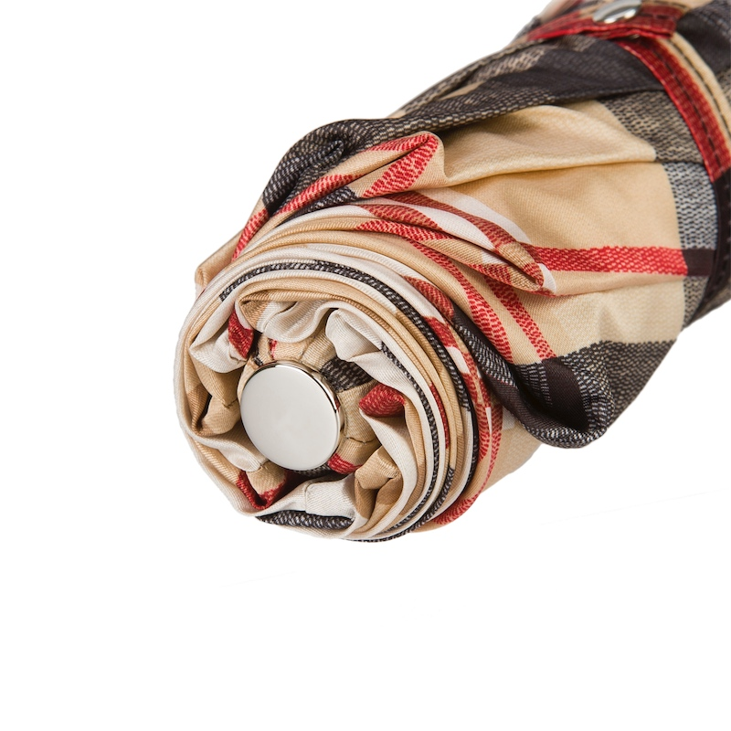 Women's Folding Umbrella – Classic Striped Design | Italian Handmade, Leather Handle