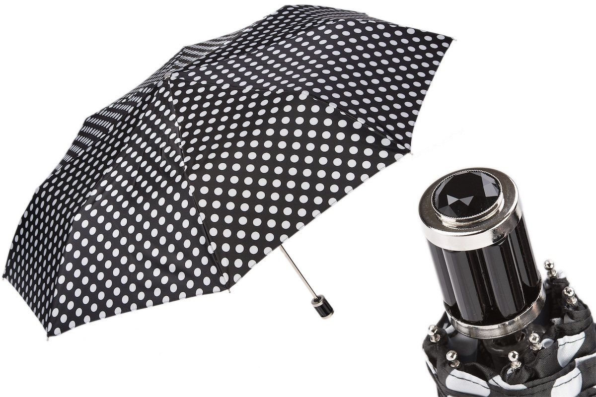 Folding Umbrella – Black Polka Dot Compact Rain Umbrella with Acetate Handle