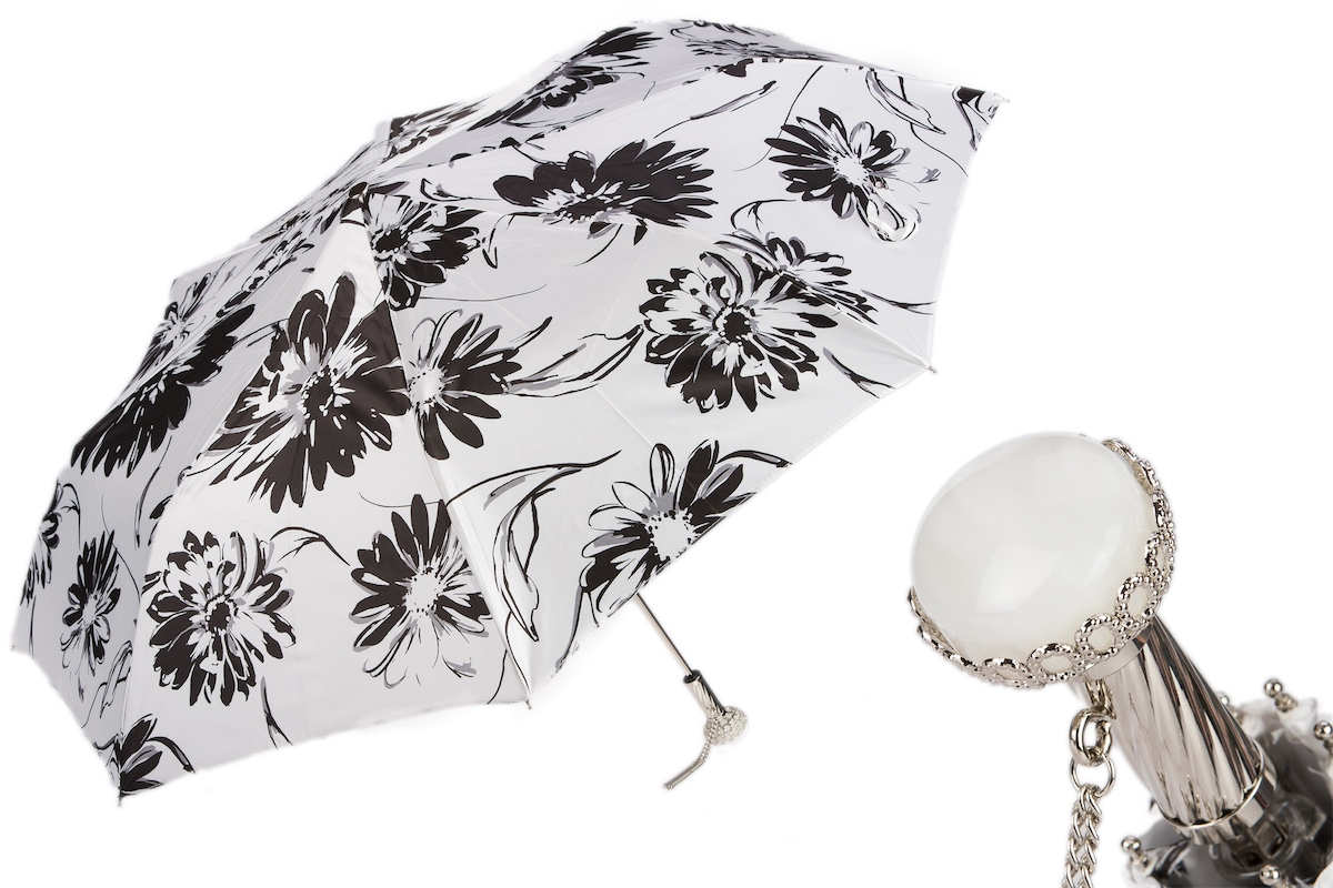 Folding Umbrella – Black and White Flowered Compact Rain Umbrella with Jeweled Brass Handle