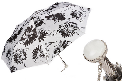 Folding Umbrella – Black and White Flowered Compact Rain Umbrella with Jeweled Brass Handle