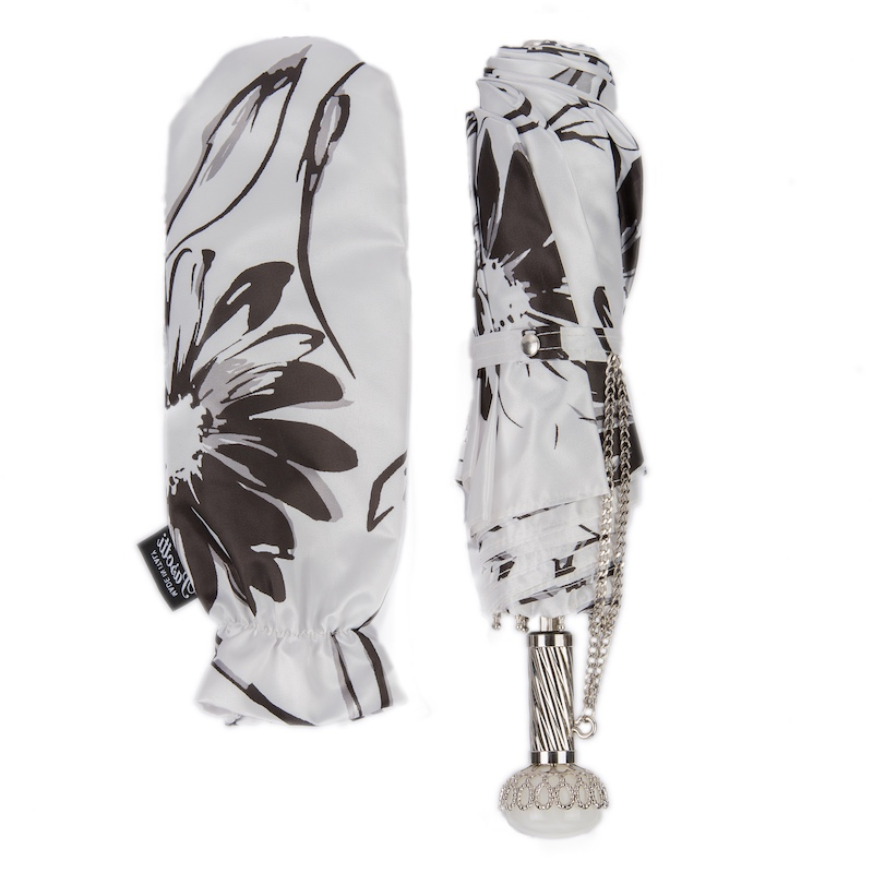 Folding Umbrella – Black and White Flowered Compact Rain Umbrella with Jeweled Brass Handle