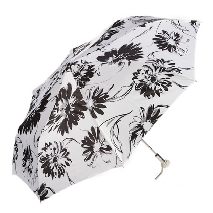 Folding Umbrella – Black and White Flowered Compact Rain Umbrella with Jeweled Brass Handle