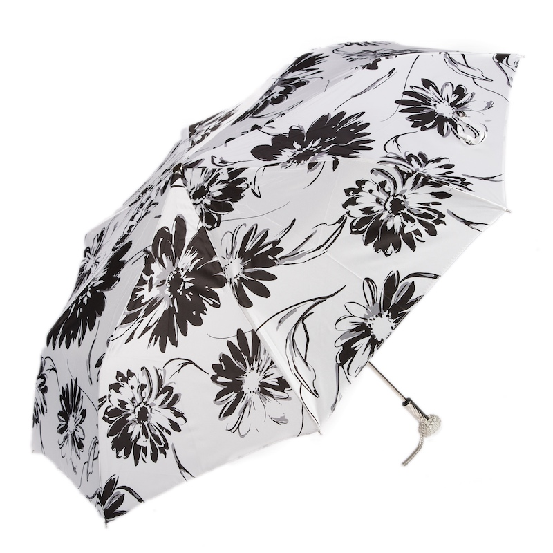 Folding Umbrella – Black and White Flowered Compact Rain Umbrella with Jeweled Brass Handle