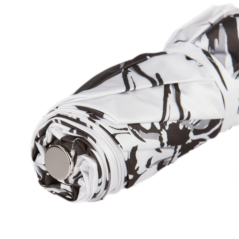 Folding Umbrella – Black and White Flowered Compact Rain Umbrella with Jeweled Brass Handle