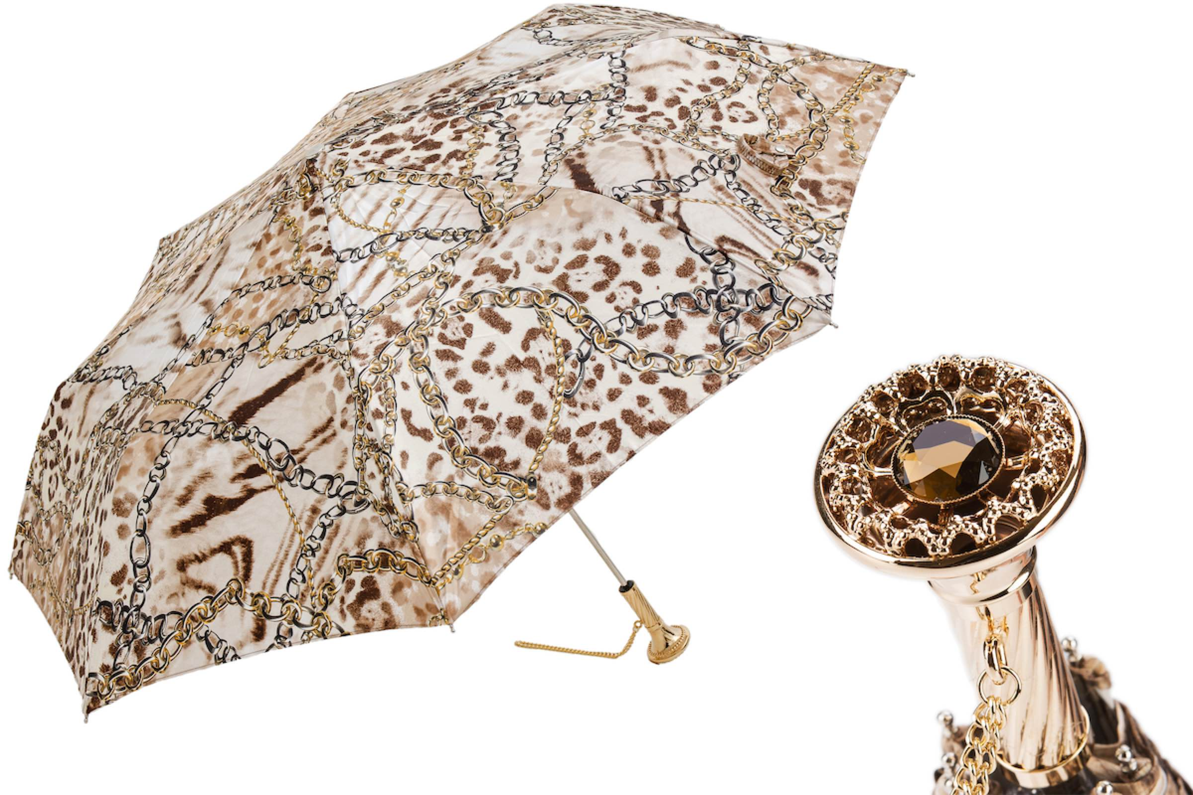 Folding Umbrella – Leopard Print, Brass Handle, Handmade Italian Rain Accessory