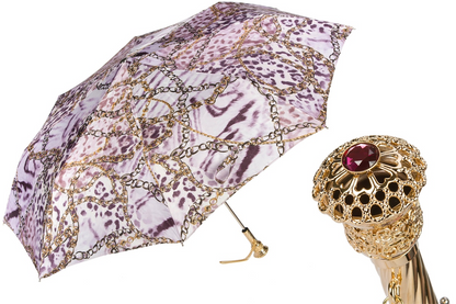 Folding Umbrella – Handmade Italian Animal Print & Chains Design with Jeweled Handle