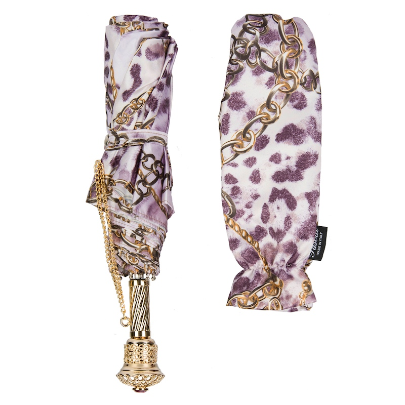 Folding Umbrella – Handmade Italian Animal Print & Chains Design with Jeweled Handle