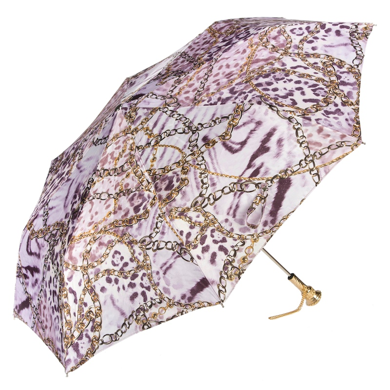 Folding Umbrella – Handmade Italian Animal Print & Chains Design with Jeweled Handle