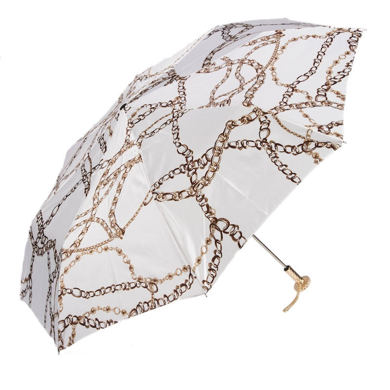 Folding Umbrella – Luxury Chains Print White Compact Rain Umbrella With Brass Handle