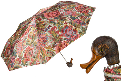 Folding Umbrella – Flowered Design with Duck Handle | Handmade Italian Compact Umbrella