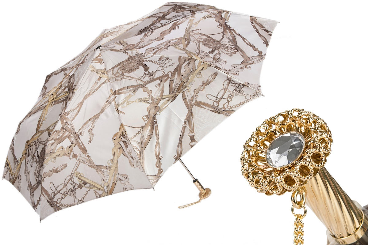 Folding Umbrella – White Bridles Print Compact Rain Umbrella with Jeweled Brass Handle