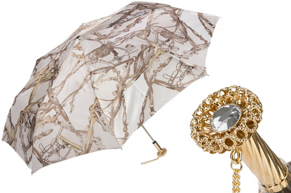 Folding Umbrella – White Bridles Print Compact Rain Umbrella with Jeweled Brass Handle