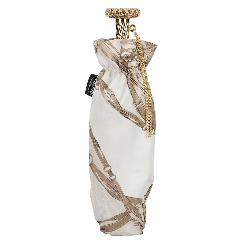 Folding Umbrella – White Bridles Print Compact Rain Umbrella with Jeweled Brass Handle