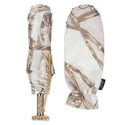 Folding Umbrella – White Bridles Print Compact Rain Umbrella with Jeweled Brass Handle