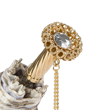 Folding Umbrella – White Bridles Print Compact Rain Umbrella with Jeweled Brass Handle