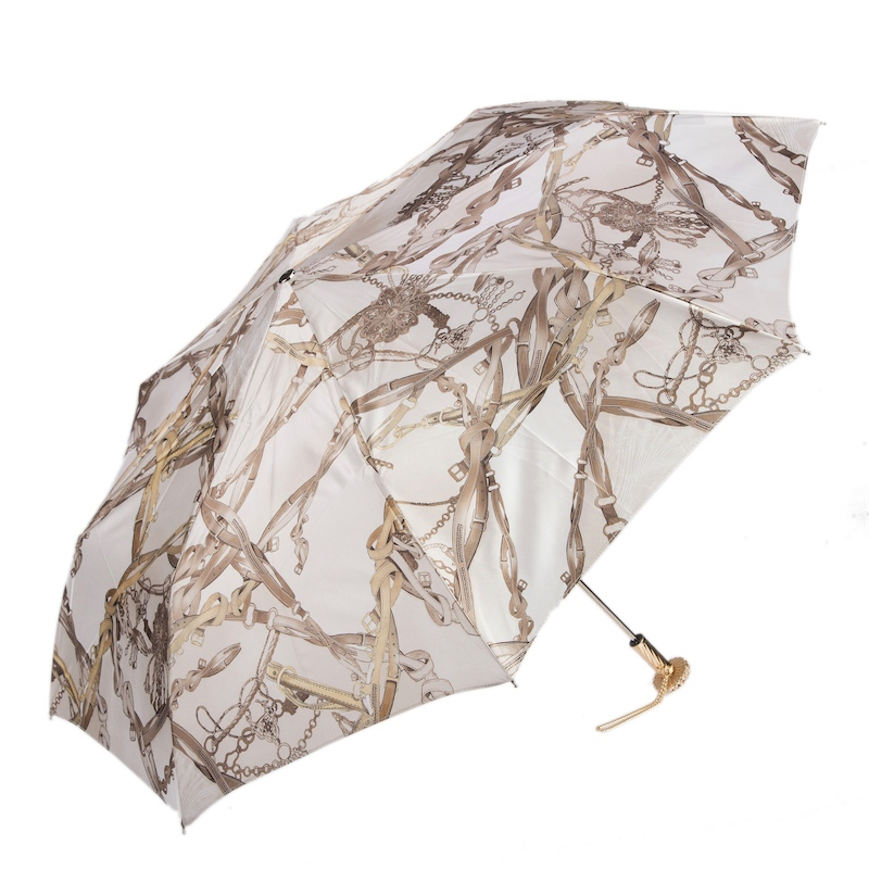 Folding Umbrella – White Bridles Print Compact Rain Umbrella with Jeweled Brass Handle