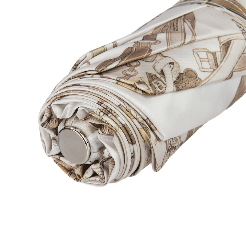 Folding Umbrella – White Bridles Print Compact Rain Umbrella with Jeweled Brass Handle