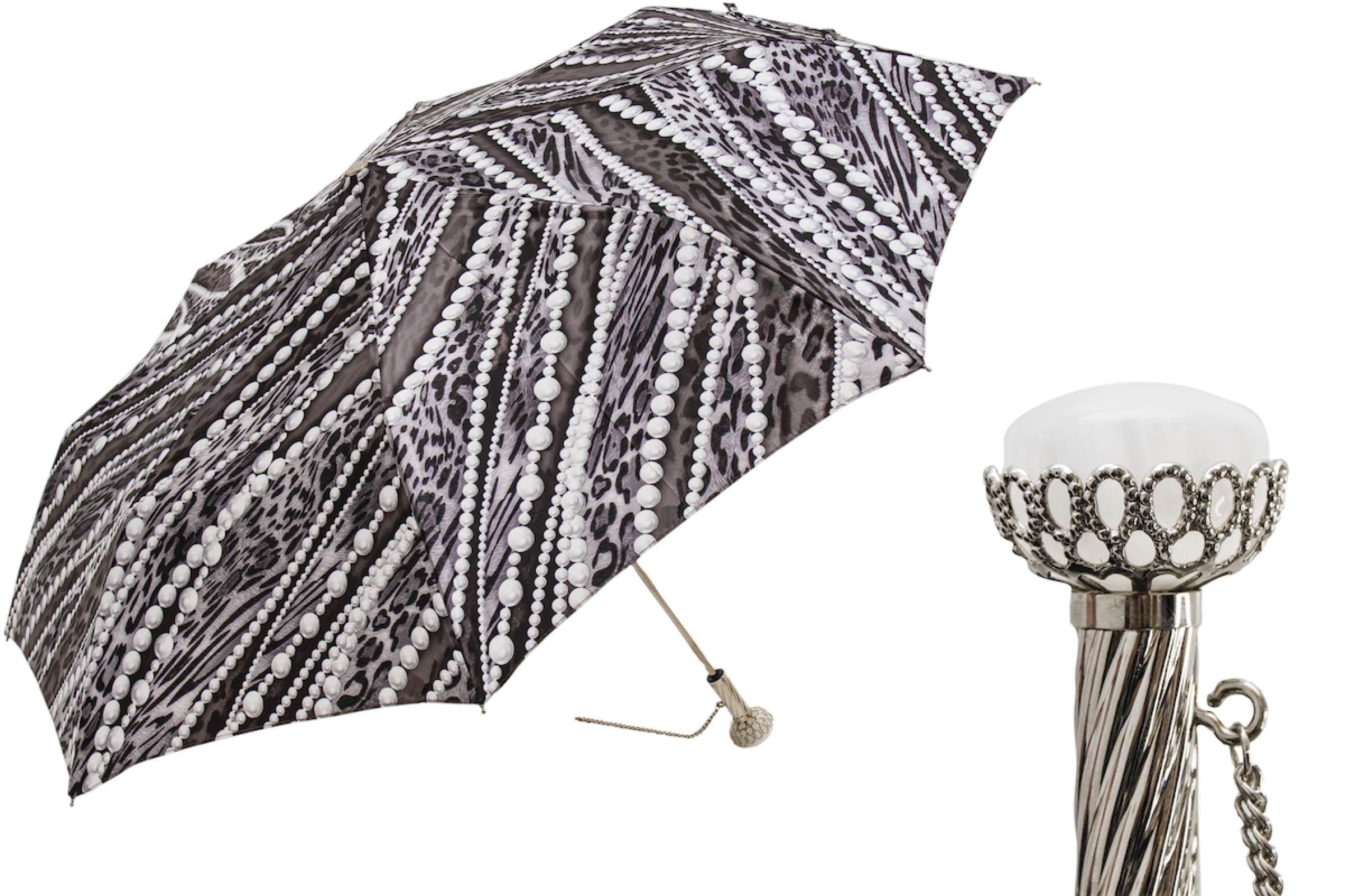Folding Umbrella – Pearl Print Rain Umbrella with Luxury Handle, Handmade Italian