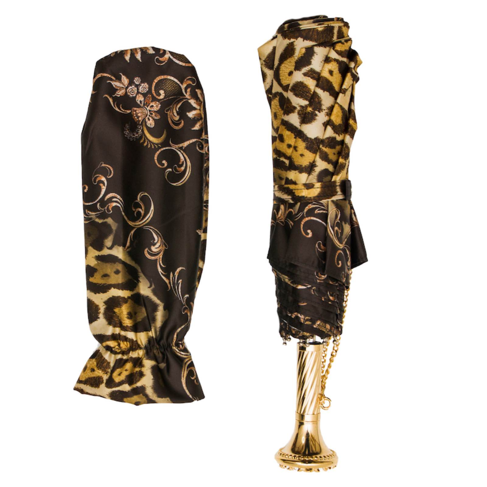 Cheetah Print Folding Umbrella - Brass Handle Manual Opening, Compact Travel Rain Gear
