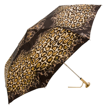 Cheetah Print Folding Umbrella - Brass Handle Manual Opening, Compact Travel Rain Gear