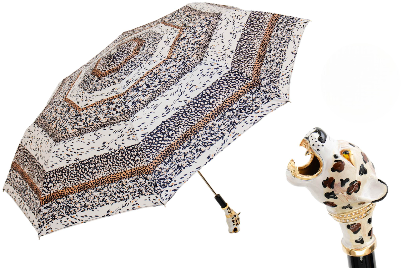 Folding Umbrella – Jaguar Motif With Enameled Brass Handle | Handmade Italian Rain Gear