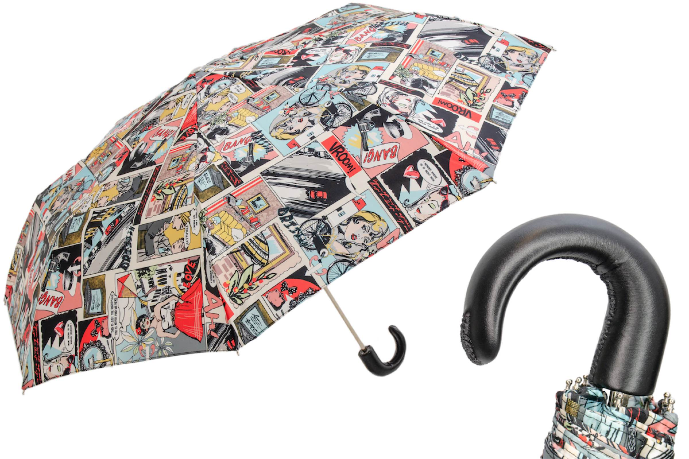 Comic Print Umbrella – Leather Handle Folding Rain Umbrella with Manual Open
