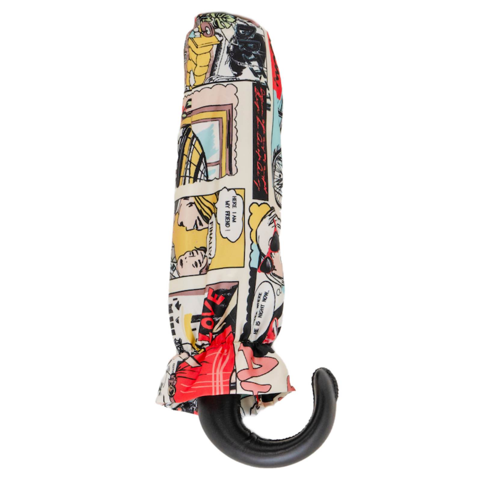 Comic Print Umbrella – Leather Handle Folding Rain Umbrella with Manual Open