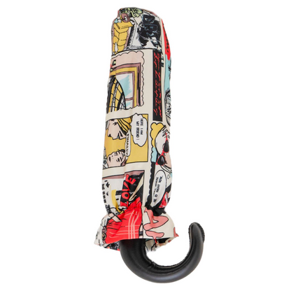 Comic Print Umbrella – Leather Handle Folding Rain Umbrella with Manual Open