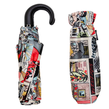 Comic Print Umbrella – Leather Handle Folding Rain Umbrella with Manual Open