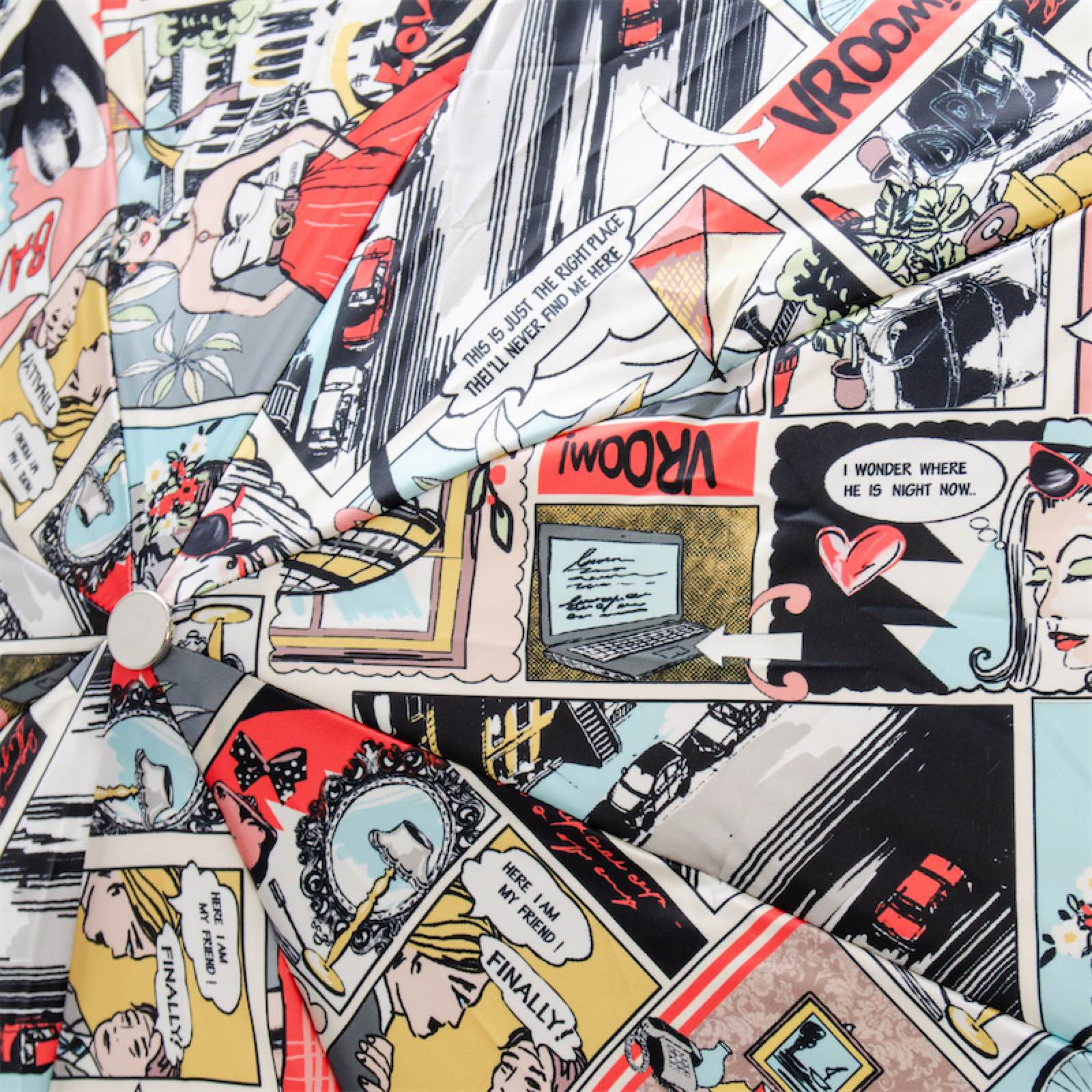 Comic Print Umbrella – Leather Handle Folding Rain Umbrella with Manual Open