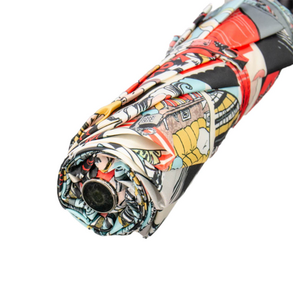 Comic Print Umbrella – Leather Handle Folding Rain Umbrella with Manual Open